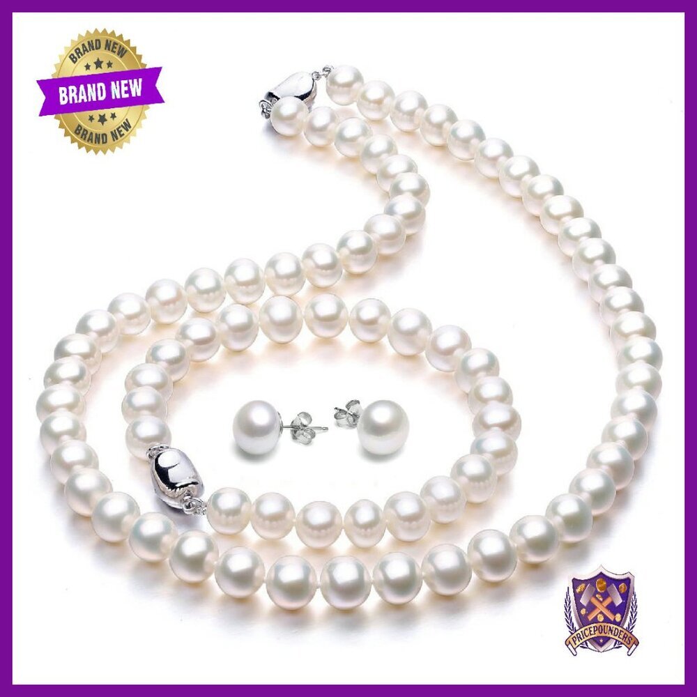 Freshwater Pearl Necklace Bracelet Earrings Set Sterling Silver 18K Gold Plated - Picture 1 of 8